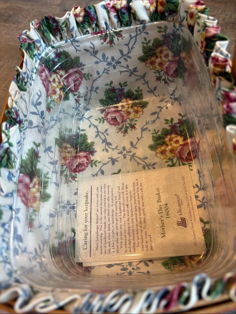 Longaberger Mother's Day Basket Brown 1993 Floral Liner & Protector